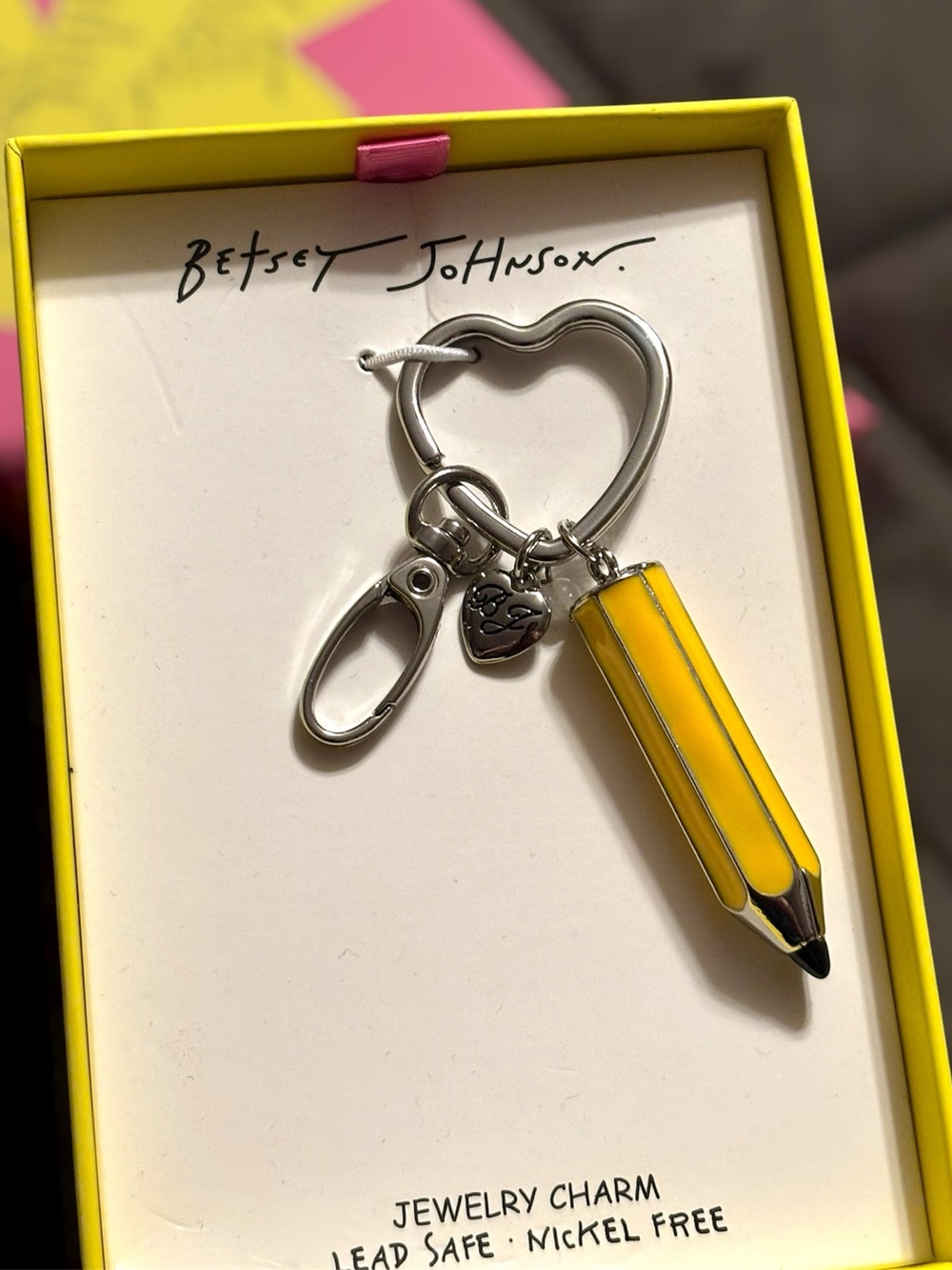 NWT•Betsey Johnson Yellow Enamel Pencil Bag Charm/Keychain with Heart Ring